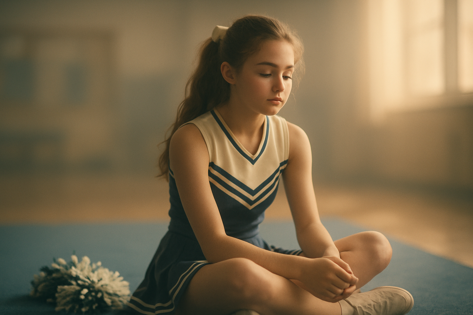 Calm cheerleader sitting on mat